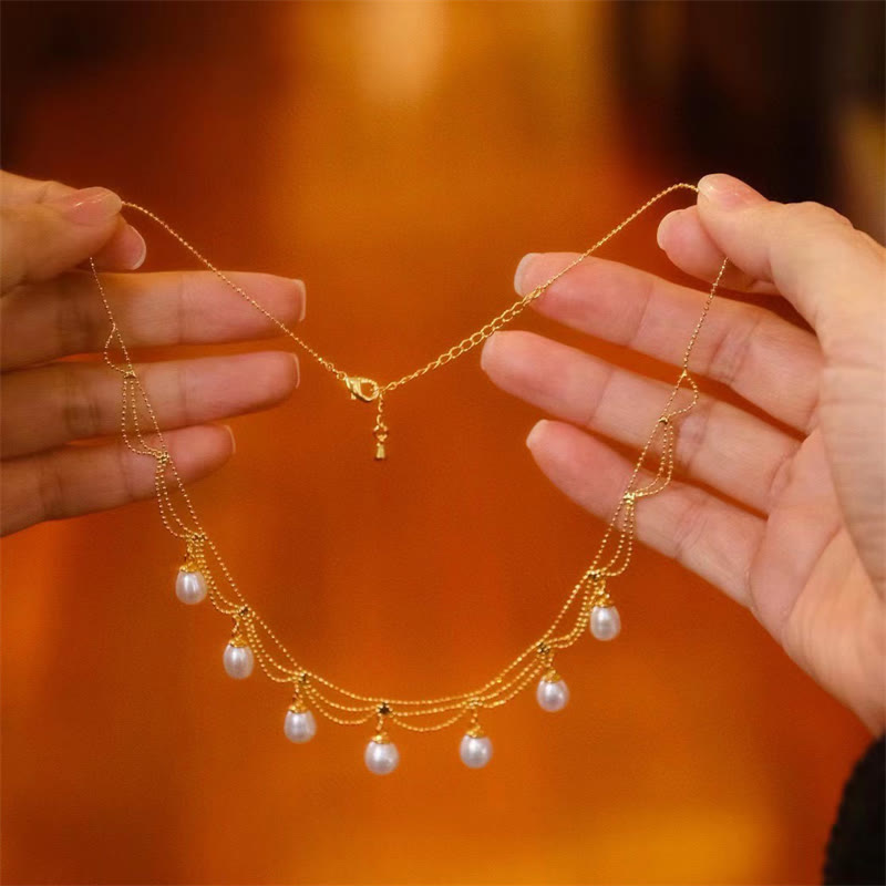 Collier multicouche vintage en perles de guérison plaqué or 14 carats