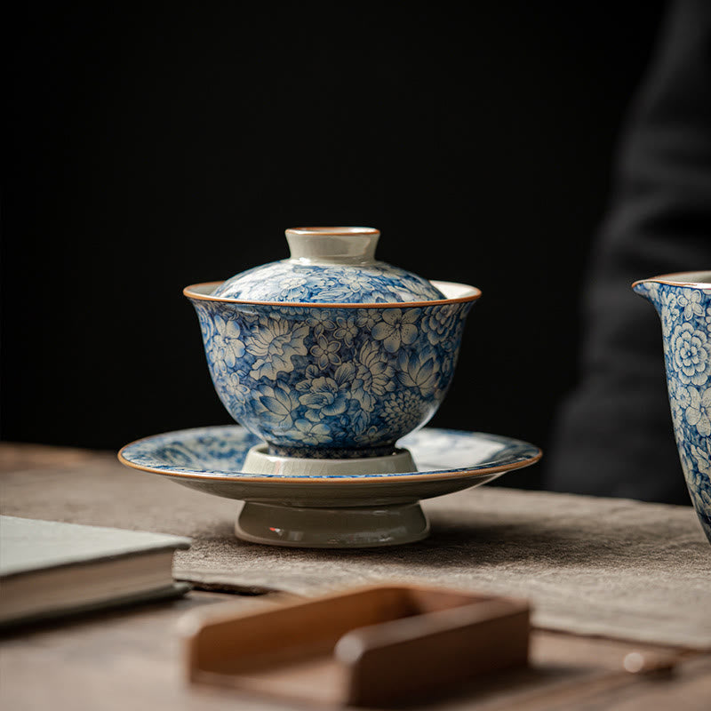 Tasse à thé Gaiwan vintage en porcelaine bleu blanc avec couvercle 150 ml