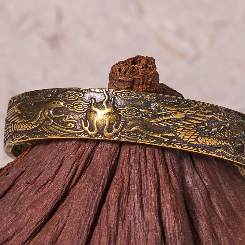 Bracelet dragon vintage en cuivre avec phénix jouant de la perle et Sutra du cœur