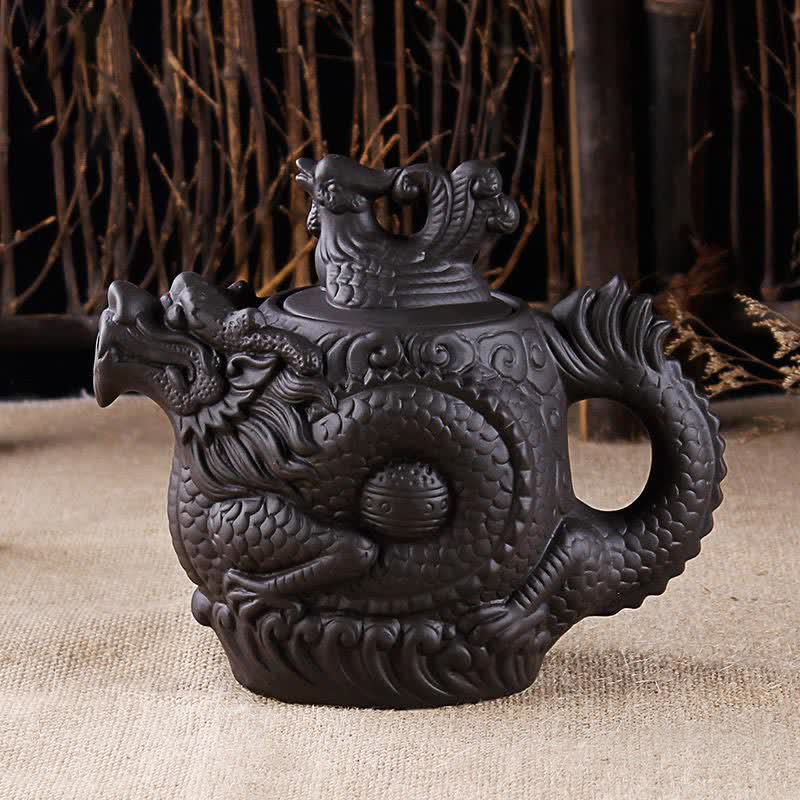 Théière vintage en céramique motif dragon et phénix | Purple Clay Art