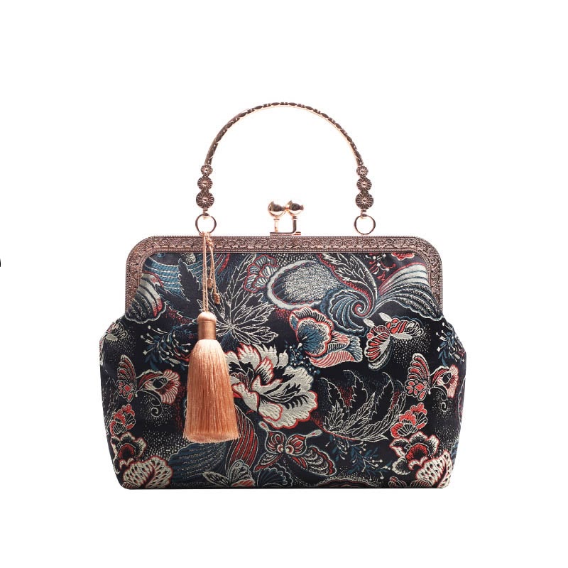 Sac à bandoulière vintage à chaîne en métal avec motif de fleurs, papillons, grues et vagues de la mer
