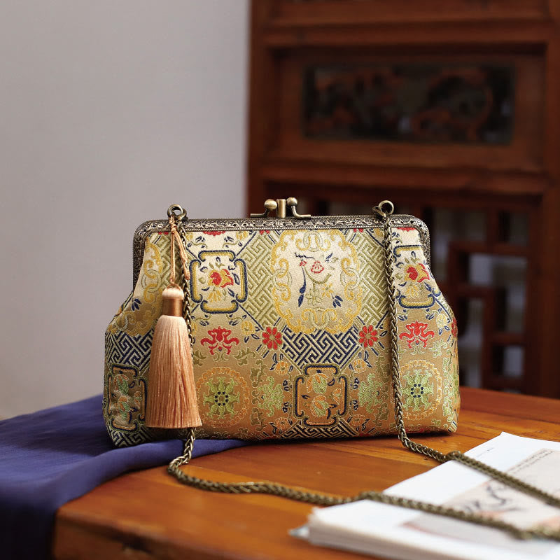 Sac bandoulière vintage à fleurs géométriques avec chaîne en métal