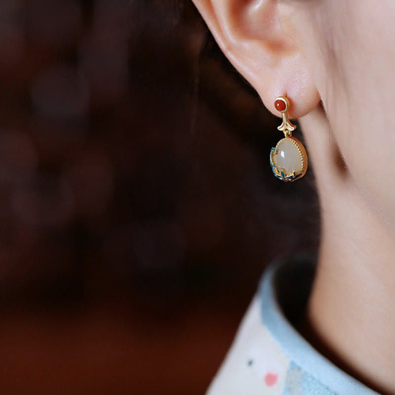 Boucles d'oreilles pendantes vintage en jade rouge et agate abondante en cuivre