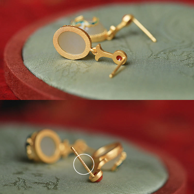 Boucles d'oreilles pendantes vintage en jade rouge et agate abondante en cuivre