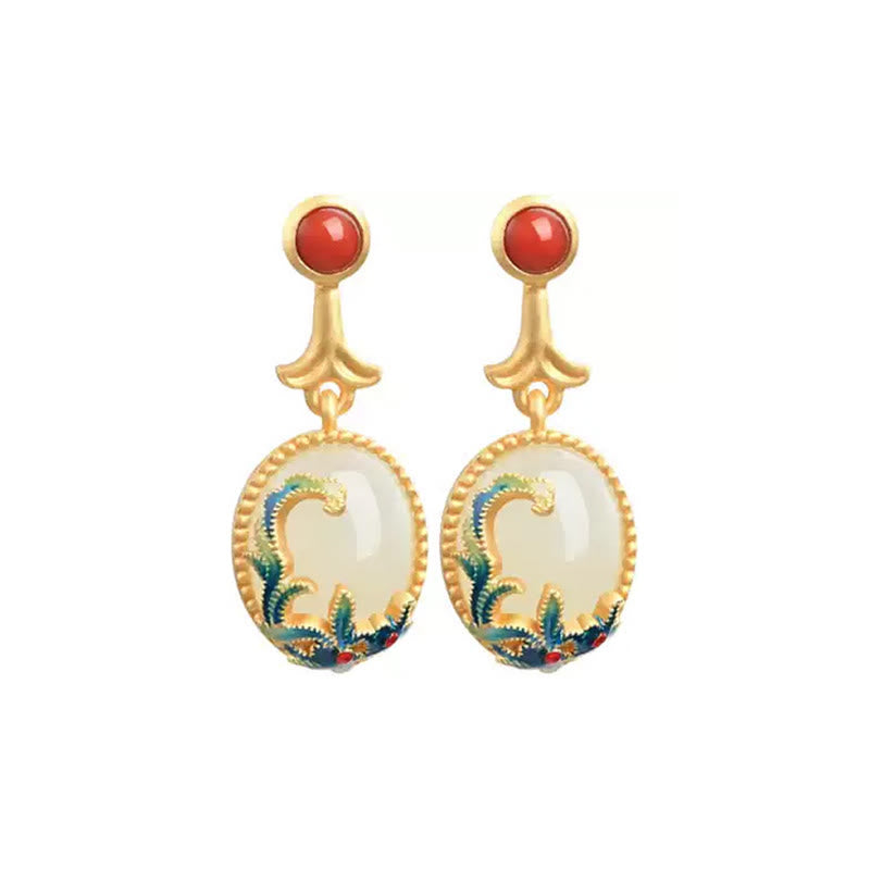 Boucles d'oreilles pendantes vintage en jade rouge et agate abondante en cuivre