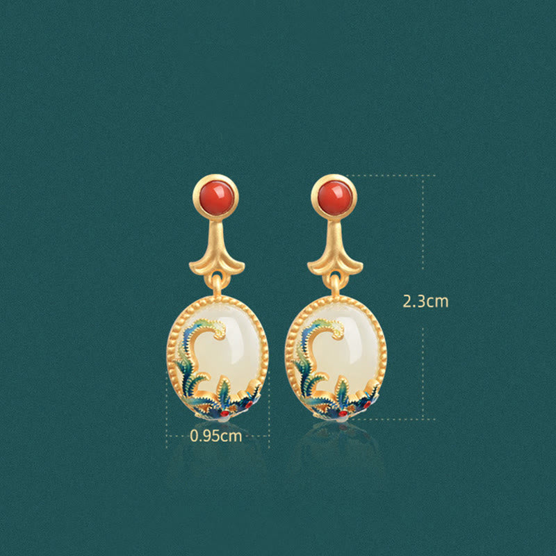 Boucles d'oreilles pendantes vintage en jade rouge et agate abondante en cuivre
