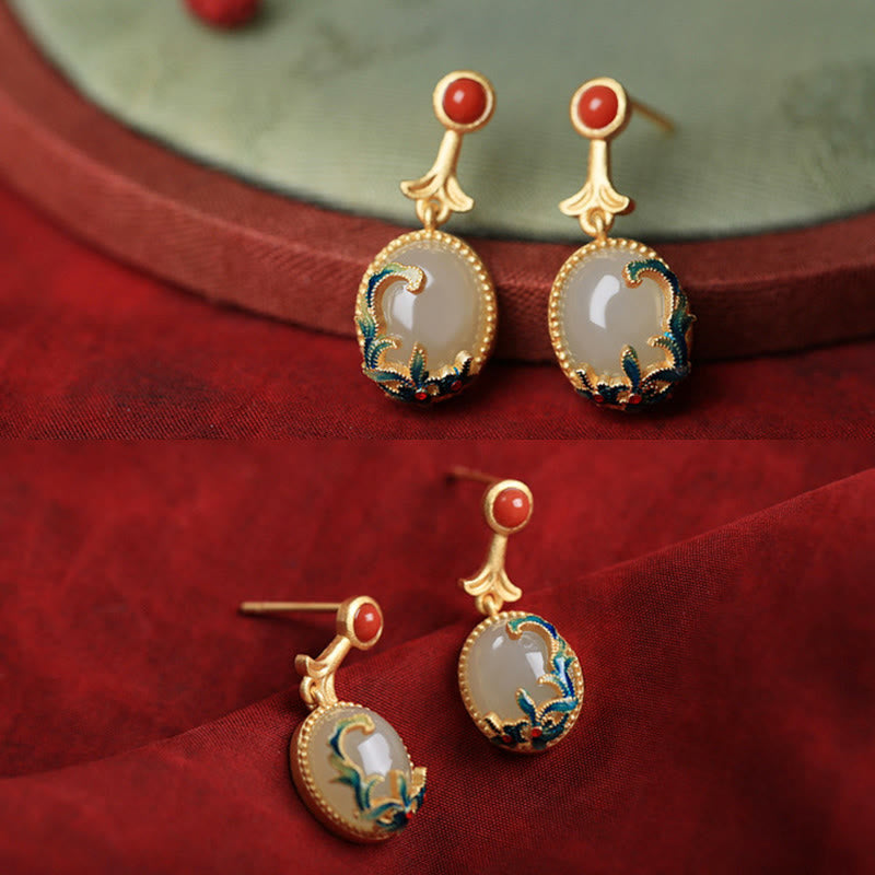 Boucles d'oreilles pendantes vintage en jade rouge et agate abondante en cuivre