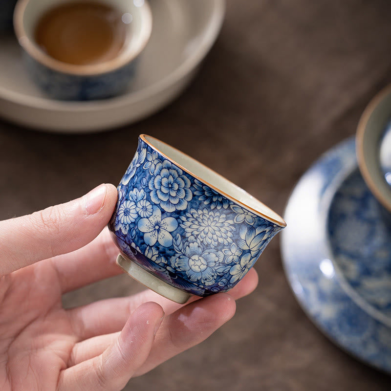 Tasse à thé vintage en céramique motif lotus | Vaisselle florale faite main