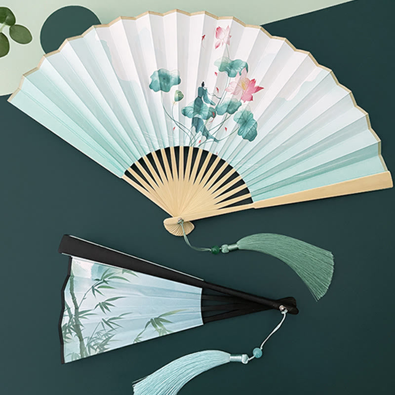 Éventail pliant vintage Lotus avec cadres en bambou pour artistes
