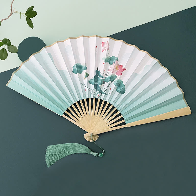 Éventail pliant vintage Lotus avec cadres en bambou pour artistes