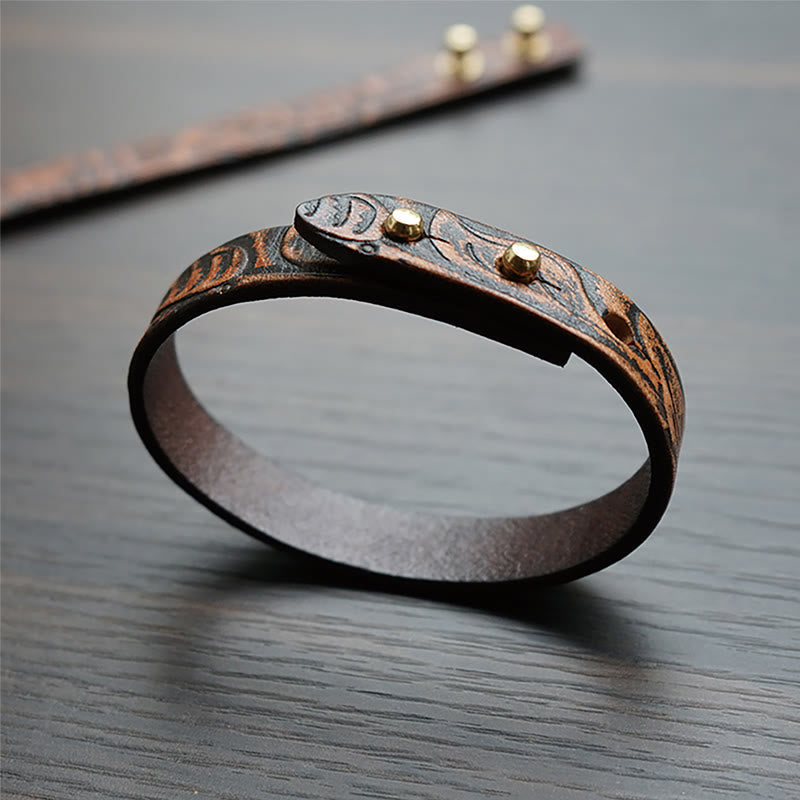 Bracelet spirituel en cuir imprimé vintage avec équilibre en cuivre