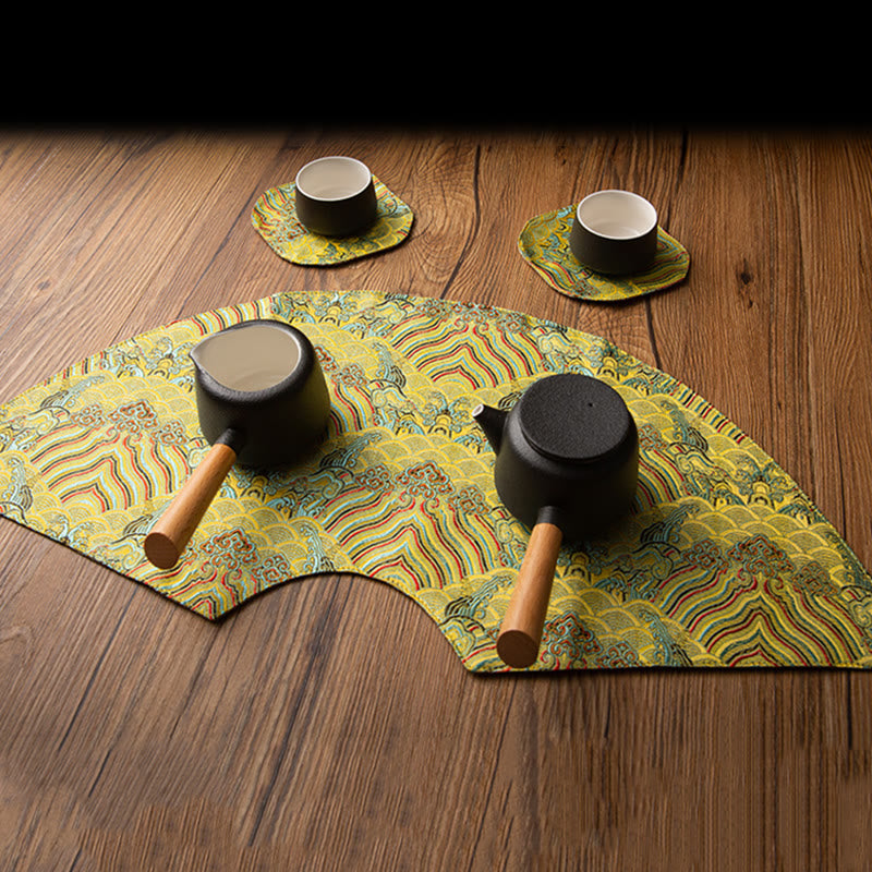 Tapis à thé vintage en bambou motif vagues et fleurs de prunier | Décoration zen