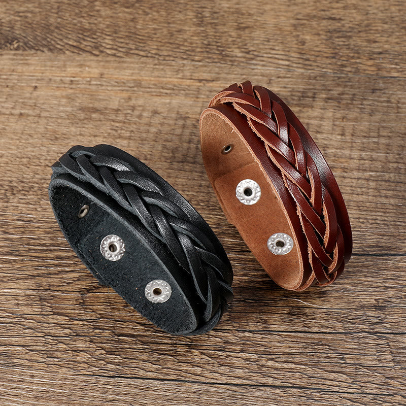 Bracelet réglable renforcé en cuir tissé vintage