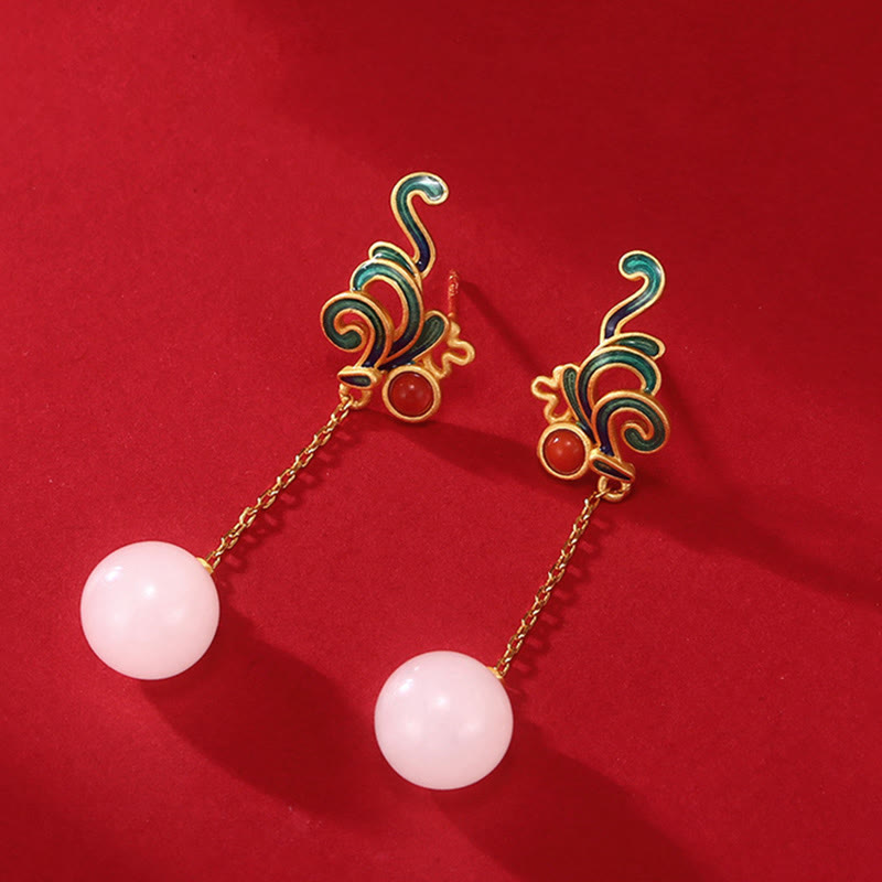 Boucles d'oreilles pendantes vintage en jade blanc et agate rouge pour la protection et la bénédiction