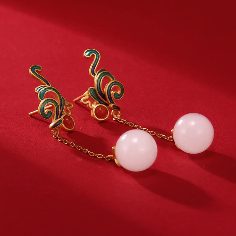 Boucles d'oreilles pendantes vintage en jade blanc et agate rouge pour la protection et la bénédiction
