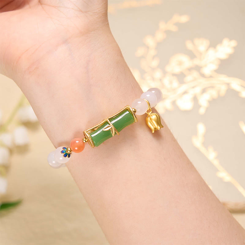 Bracelet Positivité en Agate Blanche et Jadéite et Bambou 14-16 cm
