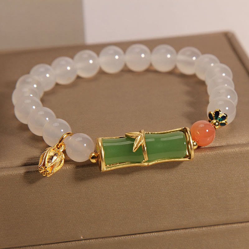 Bracelet Positivité en Agate Blanche et Jadéite et Bambou 14-16 cm
