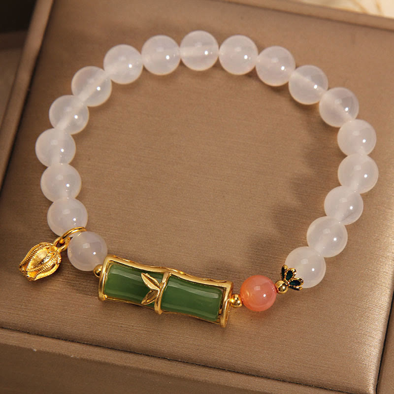 Bracelet Positivité en Agate Blanche et Jadéite et Bambou 14-16 cm
