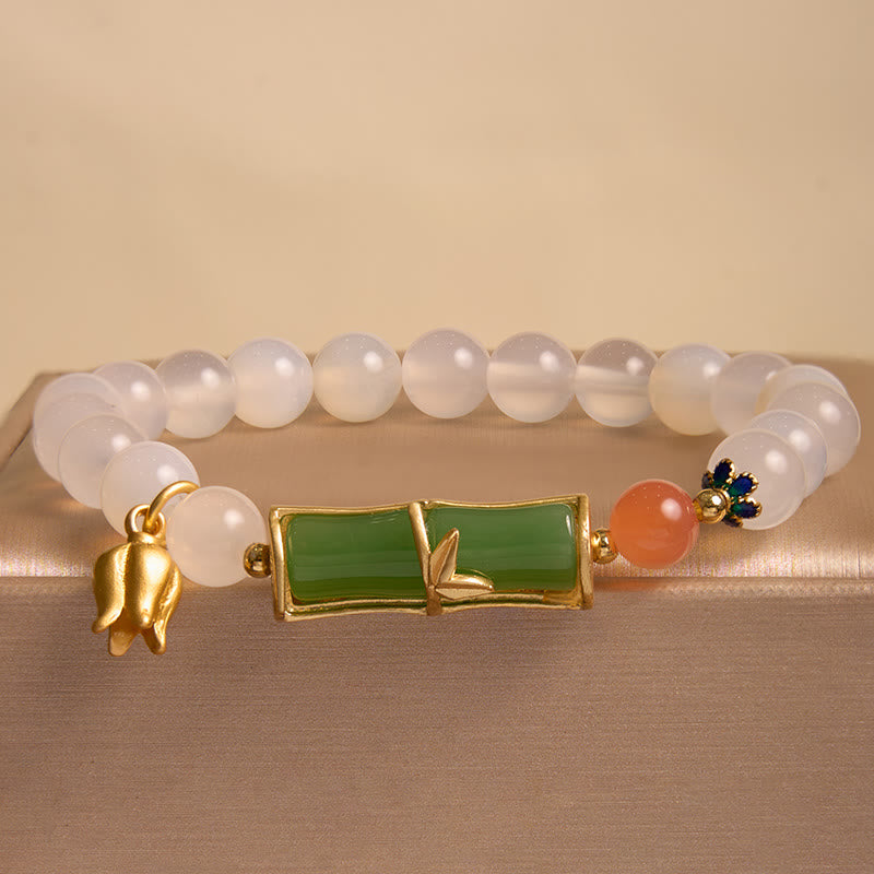 Bracelet Positivité en Agate Blanche et Jadéite et Bambou 14-16 cm