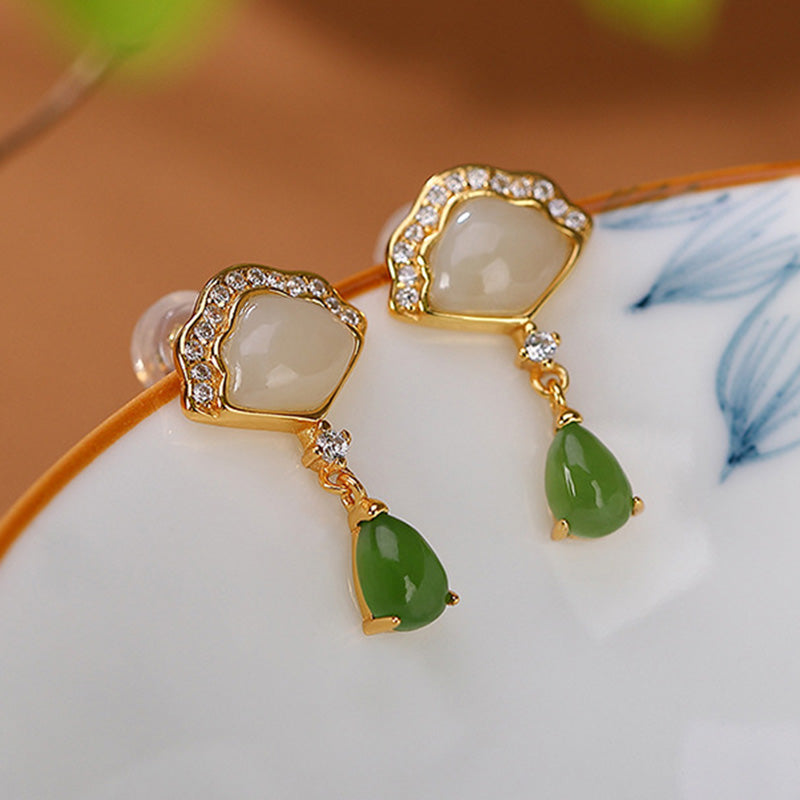 Boucles d'oreilles pendantes porte-bonheur en jade blanc et jade cyan, longueur 20 mm