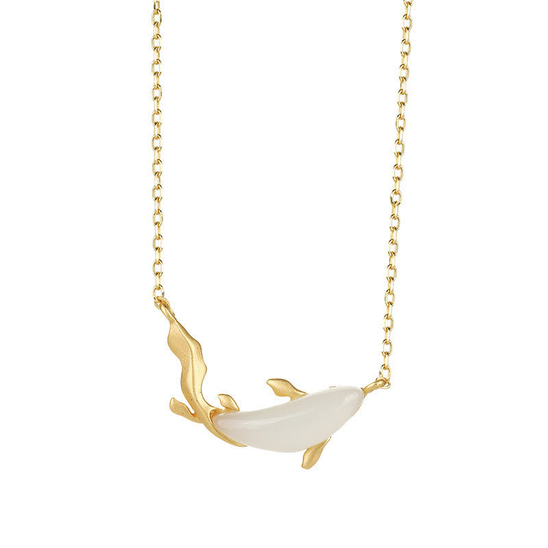 Collier porte-bonheur en jade blanc et dauphin | Argent sterling 925