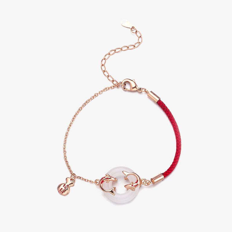 Bracelet porte-bonheur en jade blanc avec double poisson koï et boucle de paix