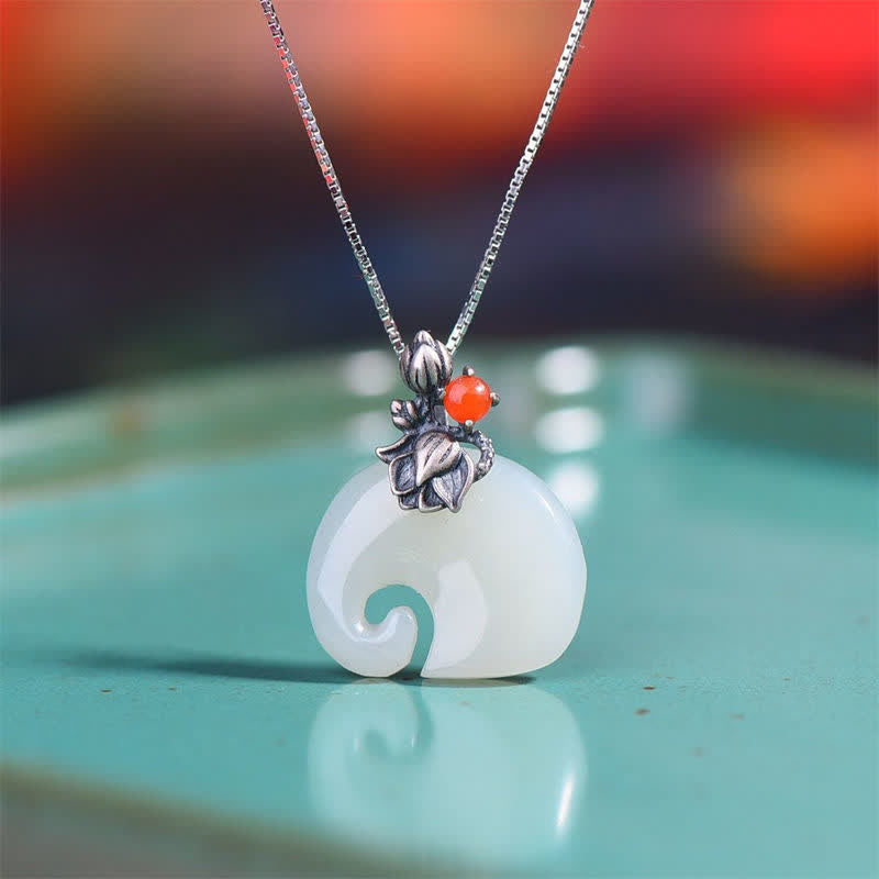 Collier de protection en jade blanc éléphant lotus 45 cm