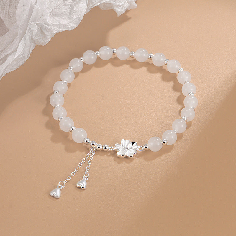 Bracelet porte-bonheur en jade blanc et fleur de pêcher 15-16 cm