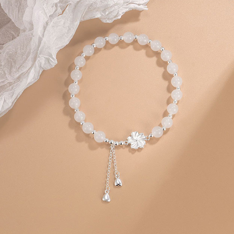 Bracelet porte-bonheur en jade blanc et fleur de pêcher 15-16 cm