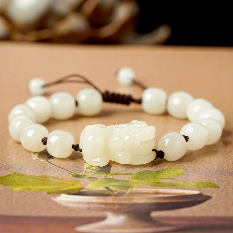 Bracelet de richesse PiXiu en jade blanc pour la méditation et la chance