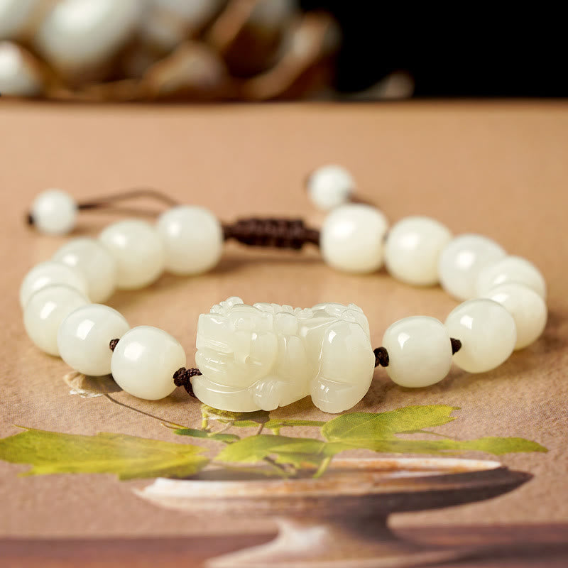 Bracelet de richesse PiXiu en jade blanc pour la méditation et la chance