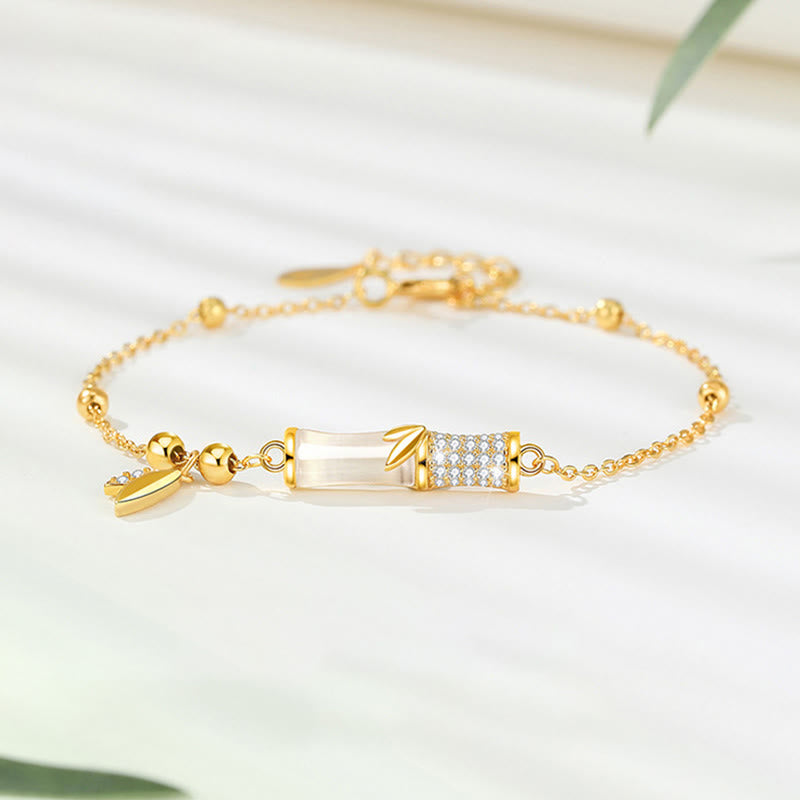 Bracelet de protection en jade blanc avec feuille de bambou en argent plaqué or 18 carats