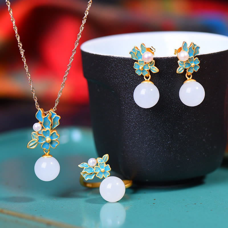 Collier, bague et boucles d'oreilles en jade blanc et argent avec perles de bénédiction