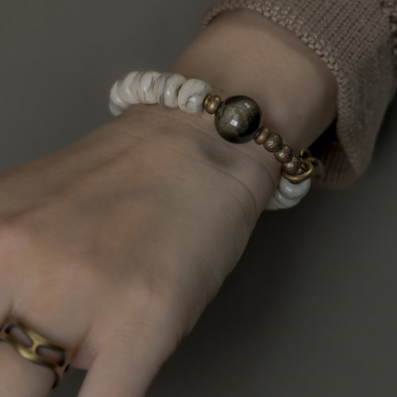 Bracelet unisexe en obsidienne dorée et os de yak