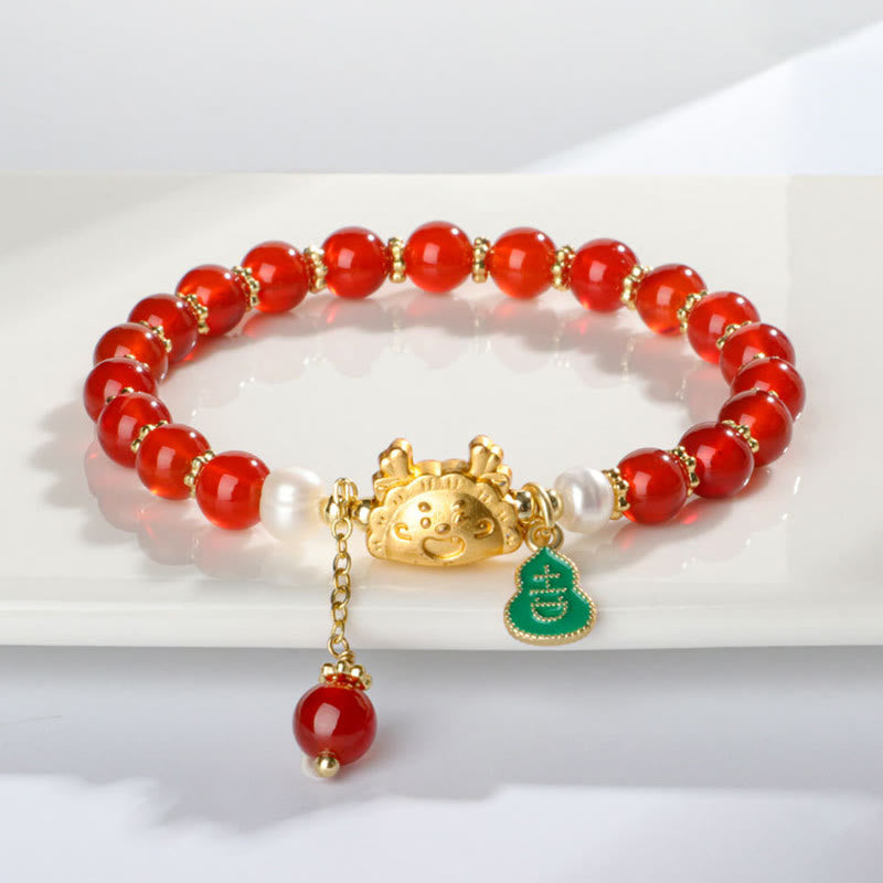 Bracelet porte-bonheur en agate rouge Année du Dragon 6 mm unisexe