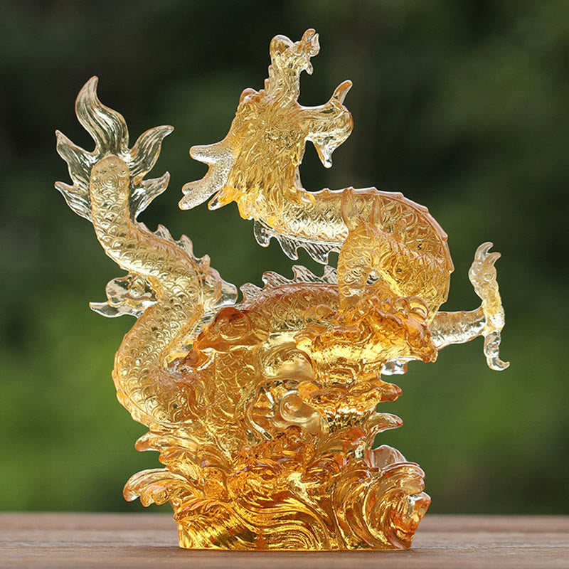Figurine d'animal spirituel en cristal Liuli Dragon jaune 8"