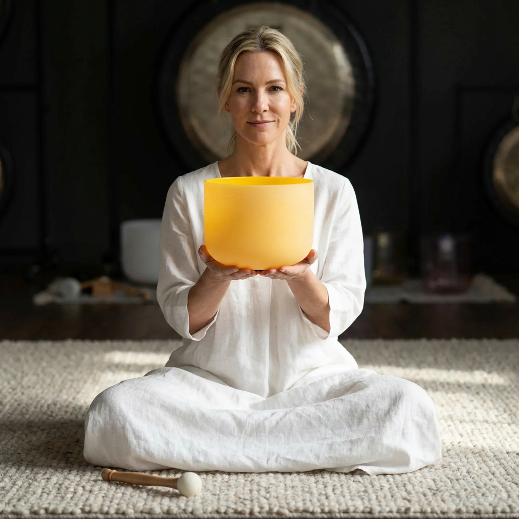 Bol chantant en cristal pour chakra du plexus solaire, note Mi jaune