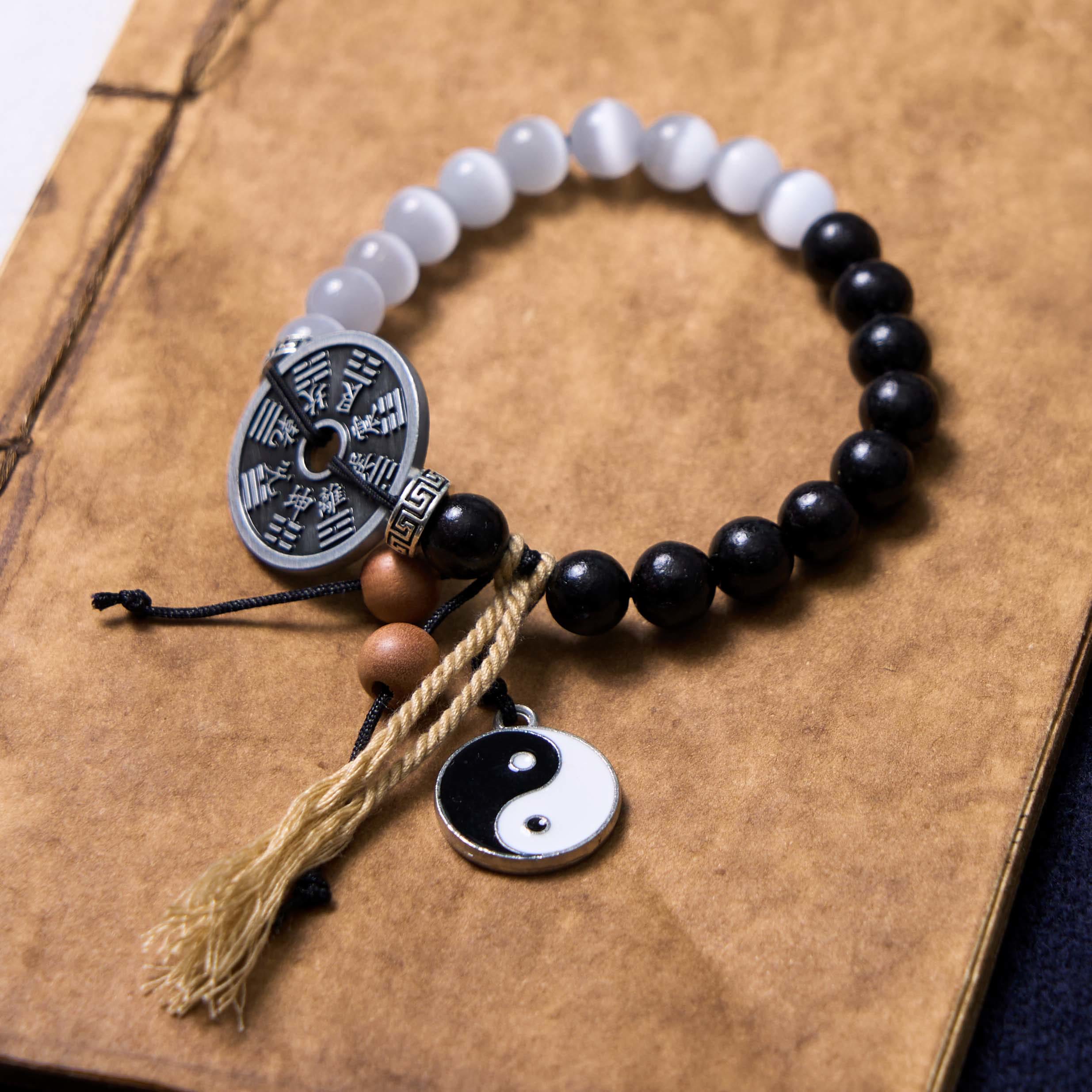 Bracelet de soutien en bois d'ébène œil de chat Yin Yang
