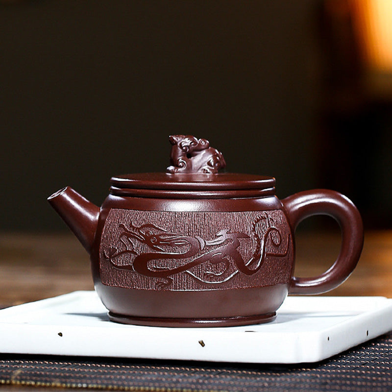 Théière Kung Fu en argile violette faite à la main de Yixing, motif dragon brun, 240 ml