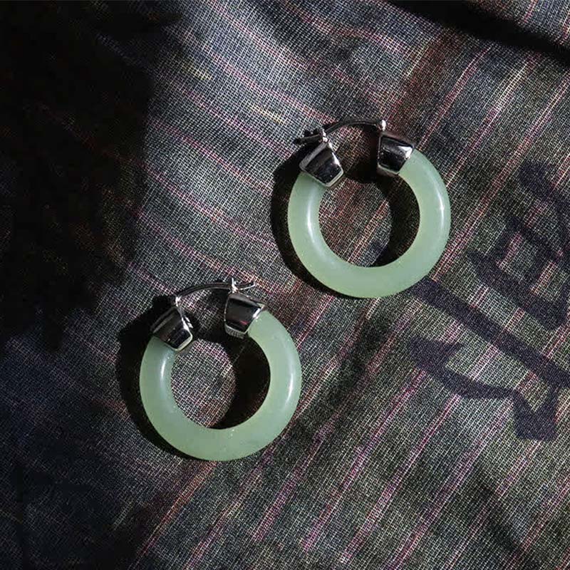 Round White Jade Prosperity Earrings with Silver and Gold Options