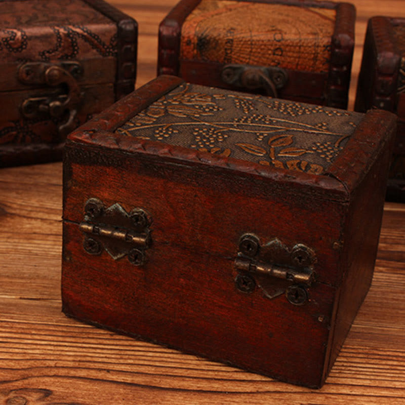 Retro Small Square Wood Jewelry Box with Lotus Design