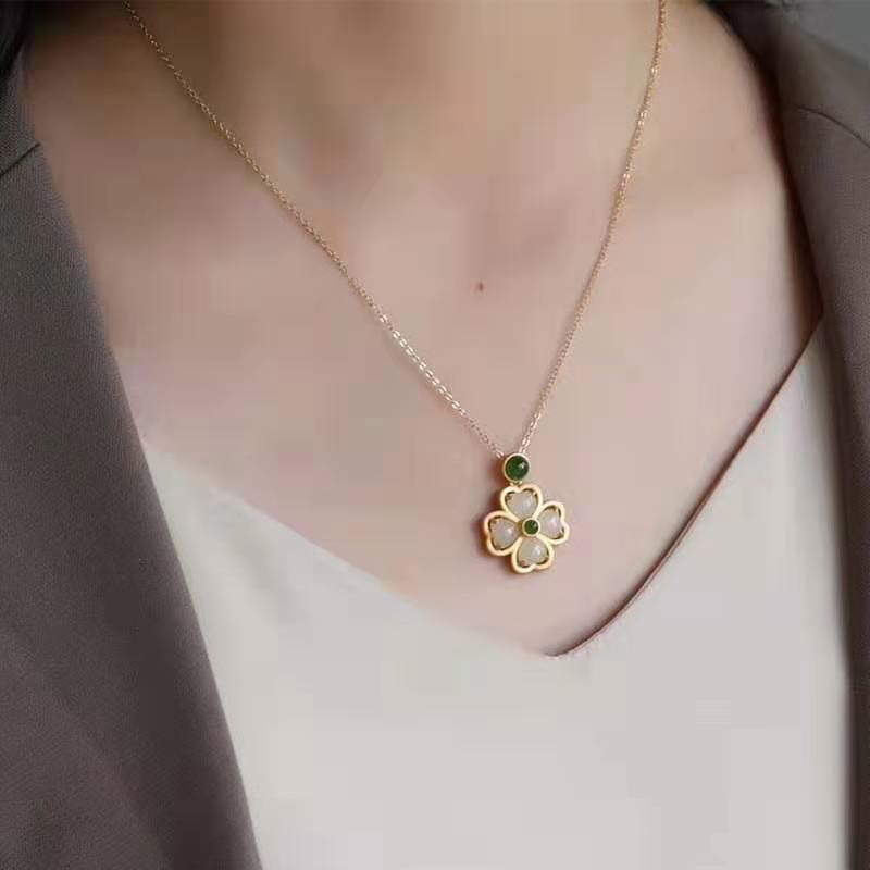 925 Sterling Silver Lucky Four Leaf Clover Jade Necklace | Prosperity & Luck