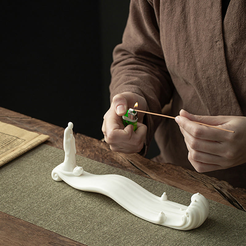Ceramic Incense Burner with Buddha Monk | 26-32cm Handmade Decor