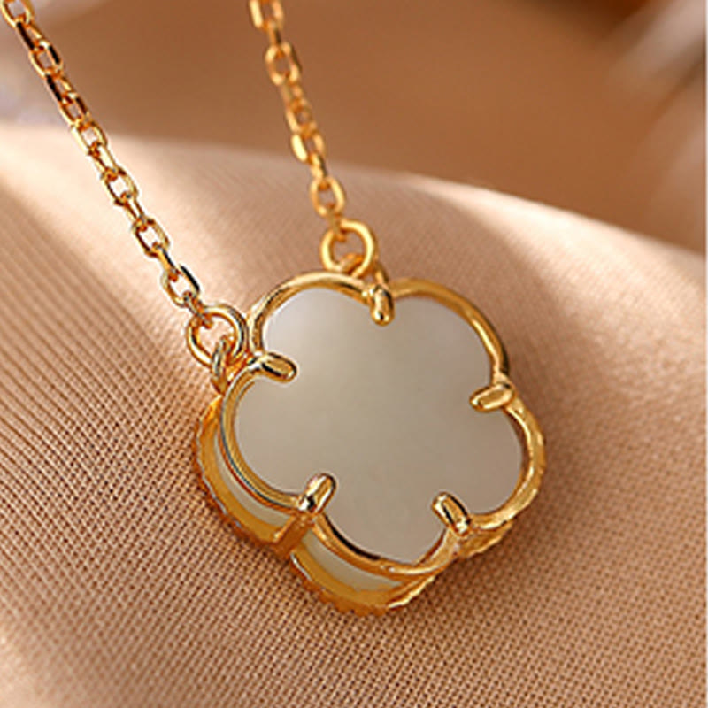 Hetian Jade Flower Necklace & Ring Set in Sterling Silver Gold Plated for Luck