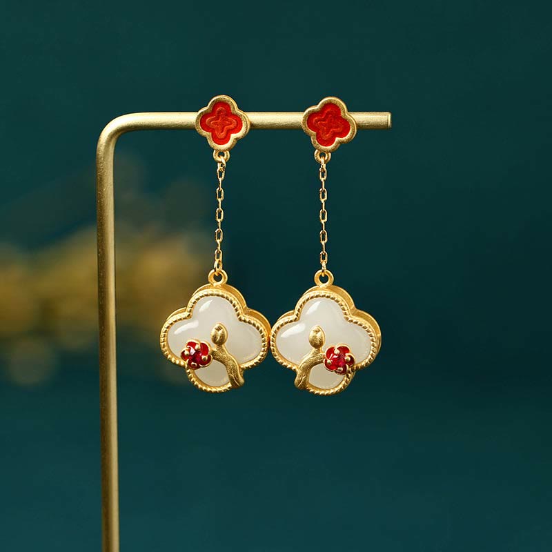 24K Gold Plated White Jade Luck Pendant Necklace & Earrings
