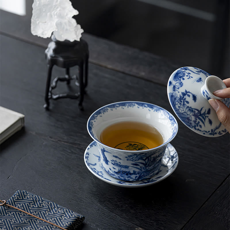 Lion Dance Ceramic Gaiwan Tea Cup 300ml with Lid & Saucer