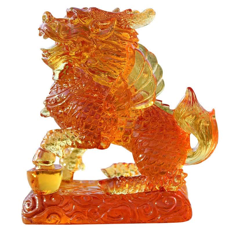 Pièce d’art en cristal Liuli Feng Shui Kirin faite à la main