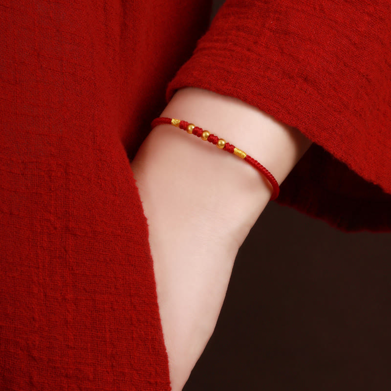 Handmade Red String Bracelet with 999 Gold Beads and King Kong Knot for Protection