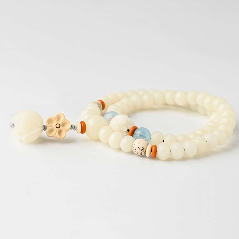Bracelet Lotus unisexe avec jade blanc, graines de Bodhi et bénédictions