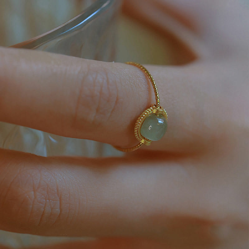 Adjustable 14K Gold Plated Jade Ring for Luck & Prosperity